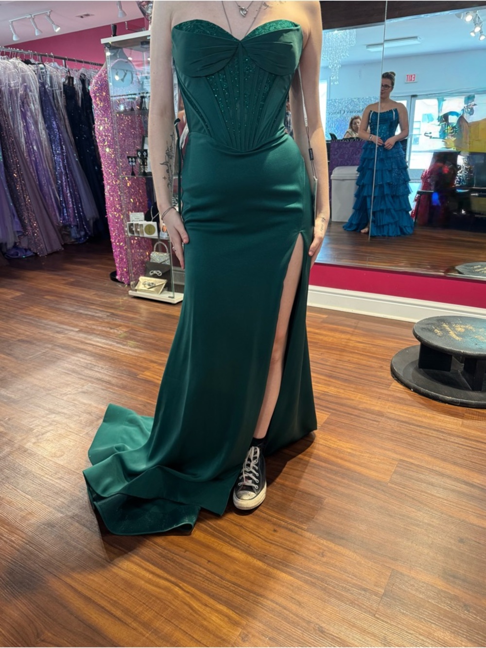Strapless Emerald Corset Prom Gown with Side Slit